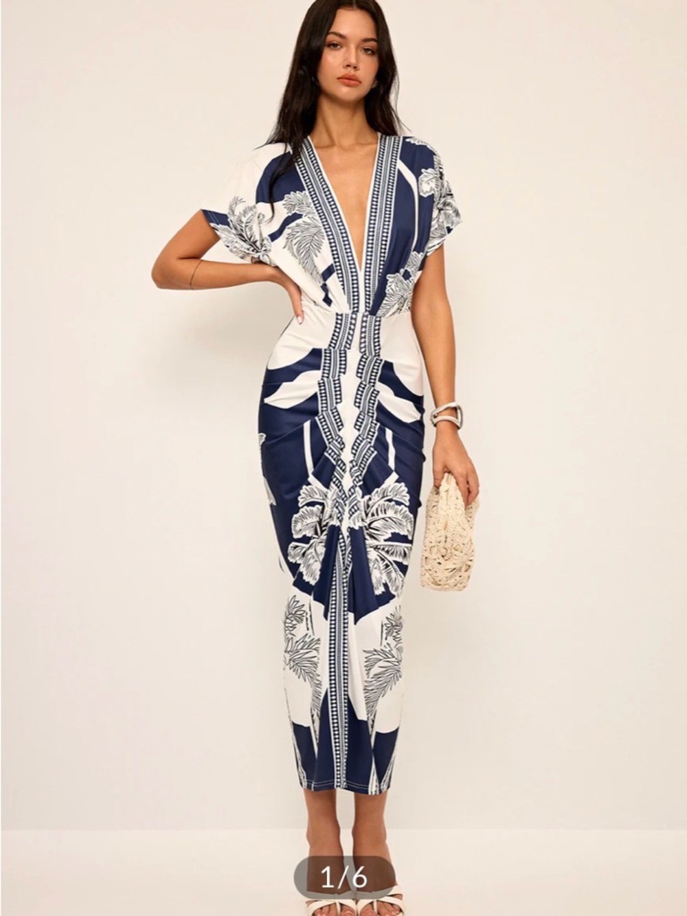 Navy & White V-Neck Print Midi Dress